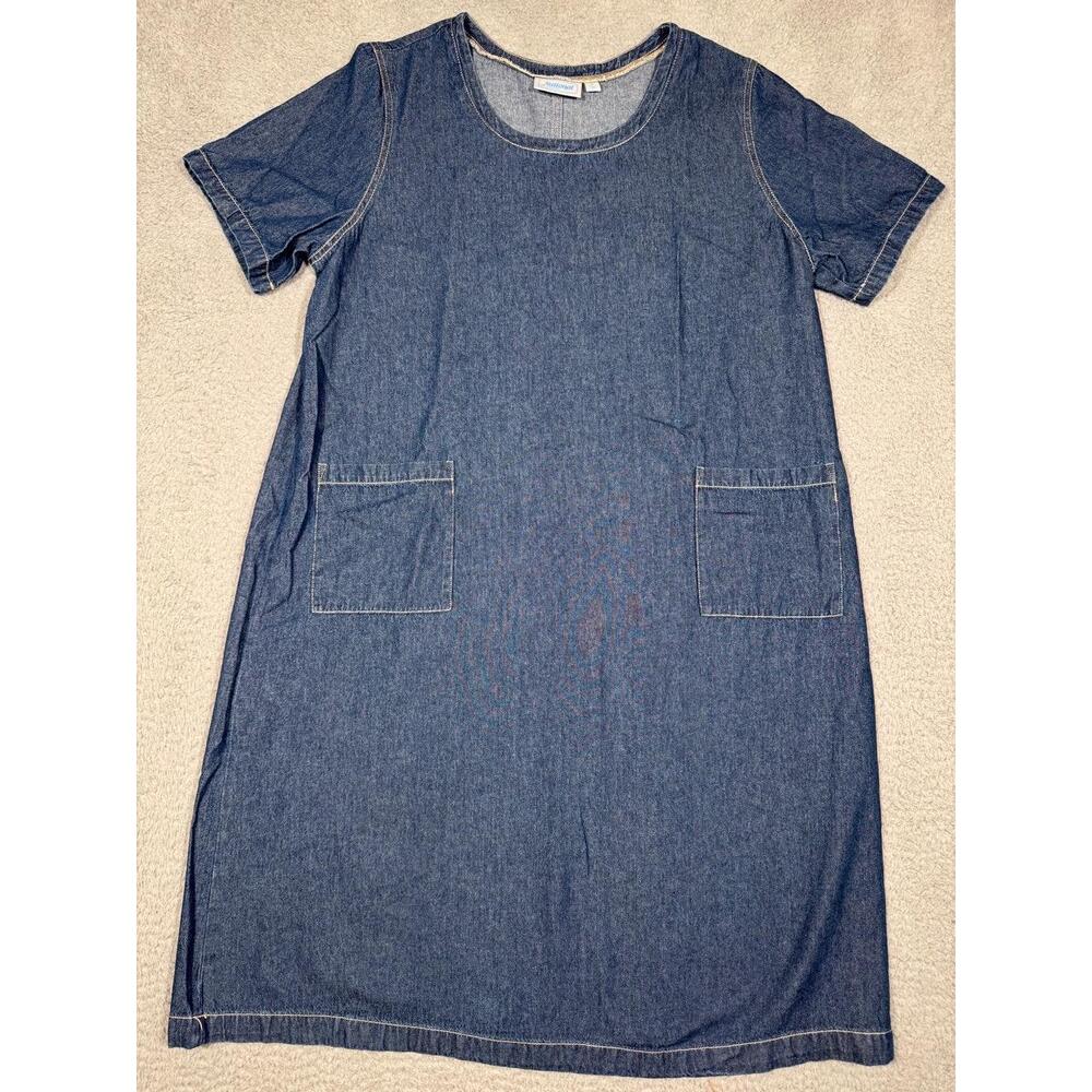 Vintage National Dress Size Large Blue Denim Short Sleeve Patch Pockets Casual